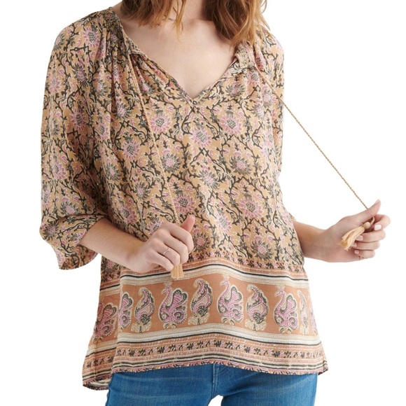 Lucky Brand Bohemian Paisley Boarder Peasant Top - Picture 8 of 8